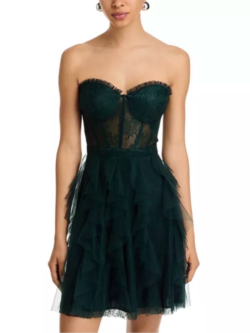 Bloomingdales AQUA Strapless Dark Green Lace & Ruffle Tulle Cocktail Dress